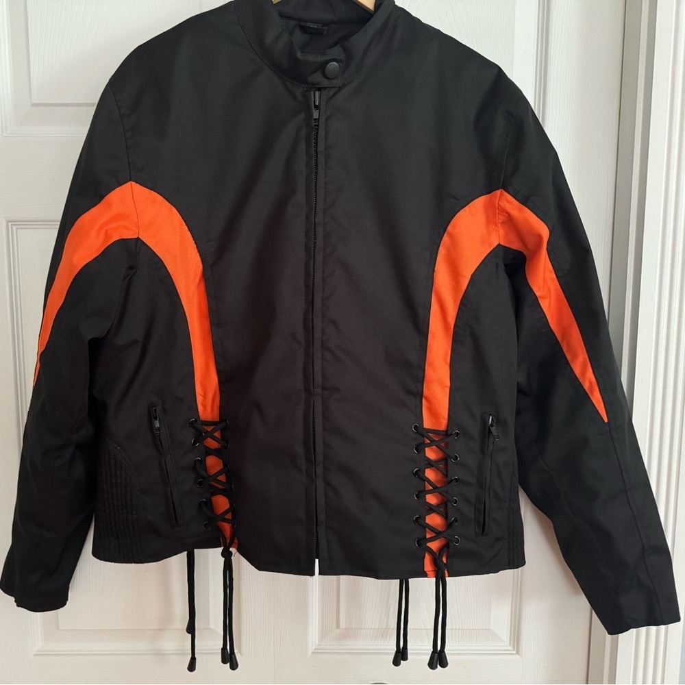 Woman’s biker style jacket, with butterfly on back, 2 XL